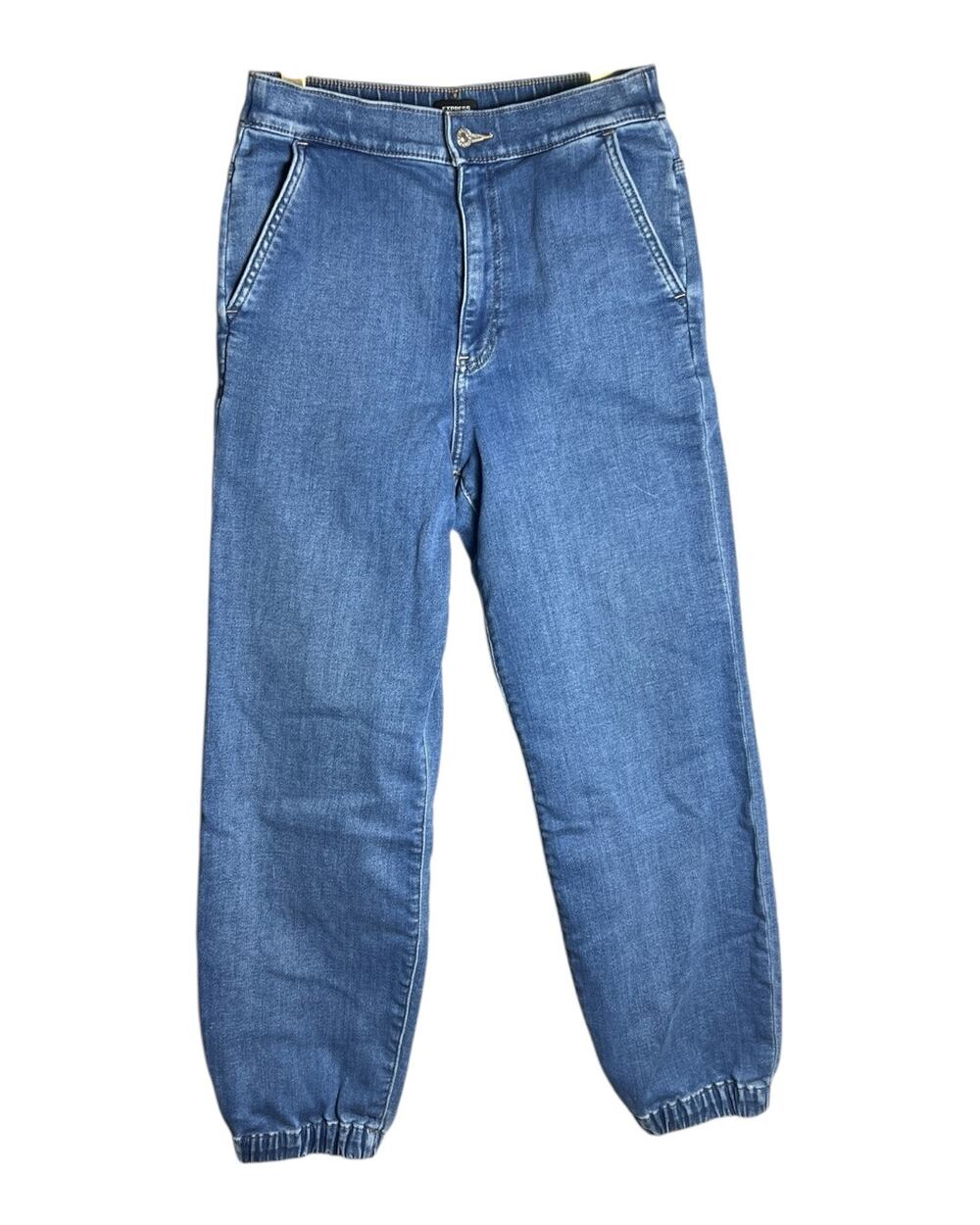 Express Super High Rise Stretch Denim Jogger Jeans Elastic Cuff Blue Size 8